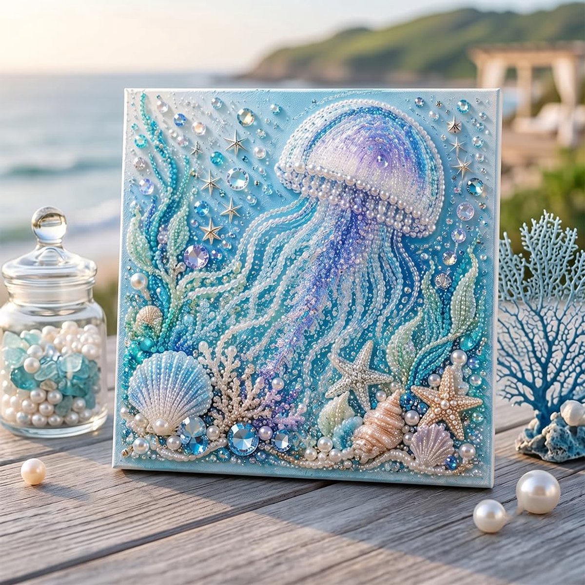 Casalora® 3D Diamant Schilderij DIY Kit Oceaan Parel – Kwal – Diamond Painting Set met Lijst – Creatieve Hobby voor Volwassenen & Beginners – Wanddecoratie Cadeau