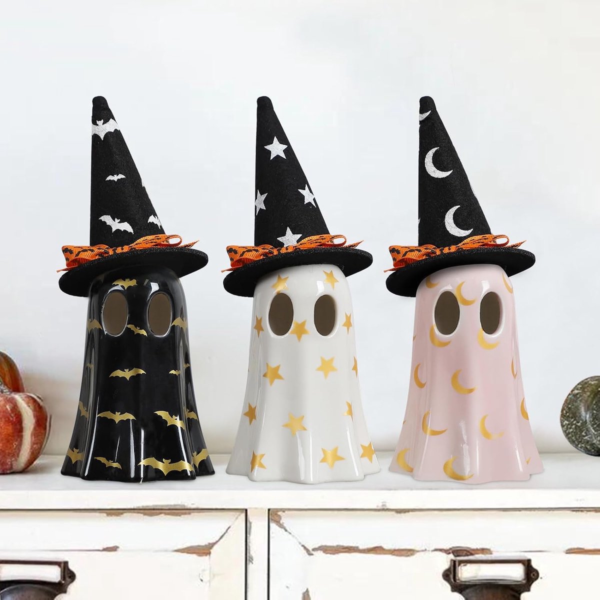 Halloween Keramiek Spook Set 3-delig - met Heksenhoed - voor Binnen, Schoorsteen, Plank & Tafel - voor Liefhebbers van Halloween