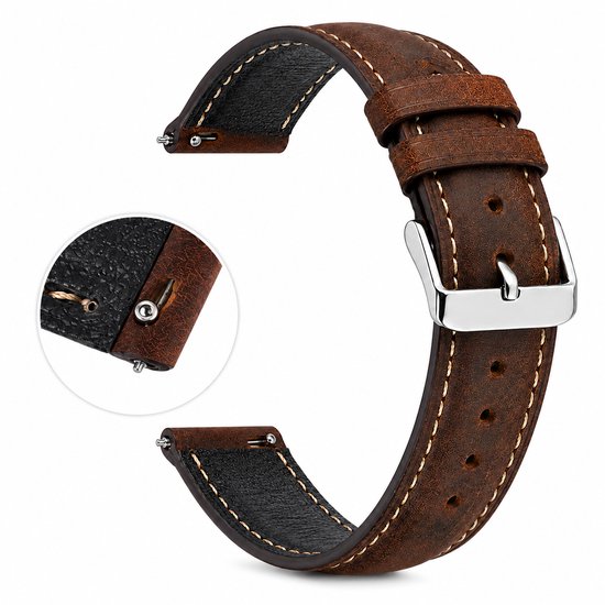 Bracelet de montre en cuir de veau marron avec surpiqûres blanches, boucle argentée et barrettes à ressort.