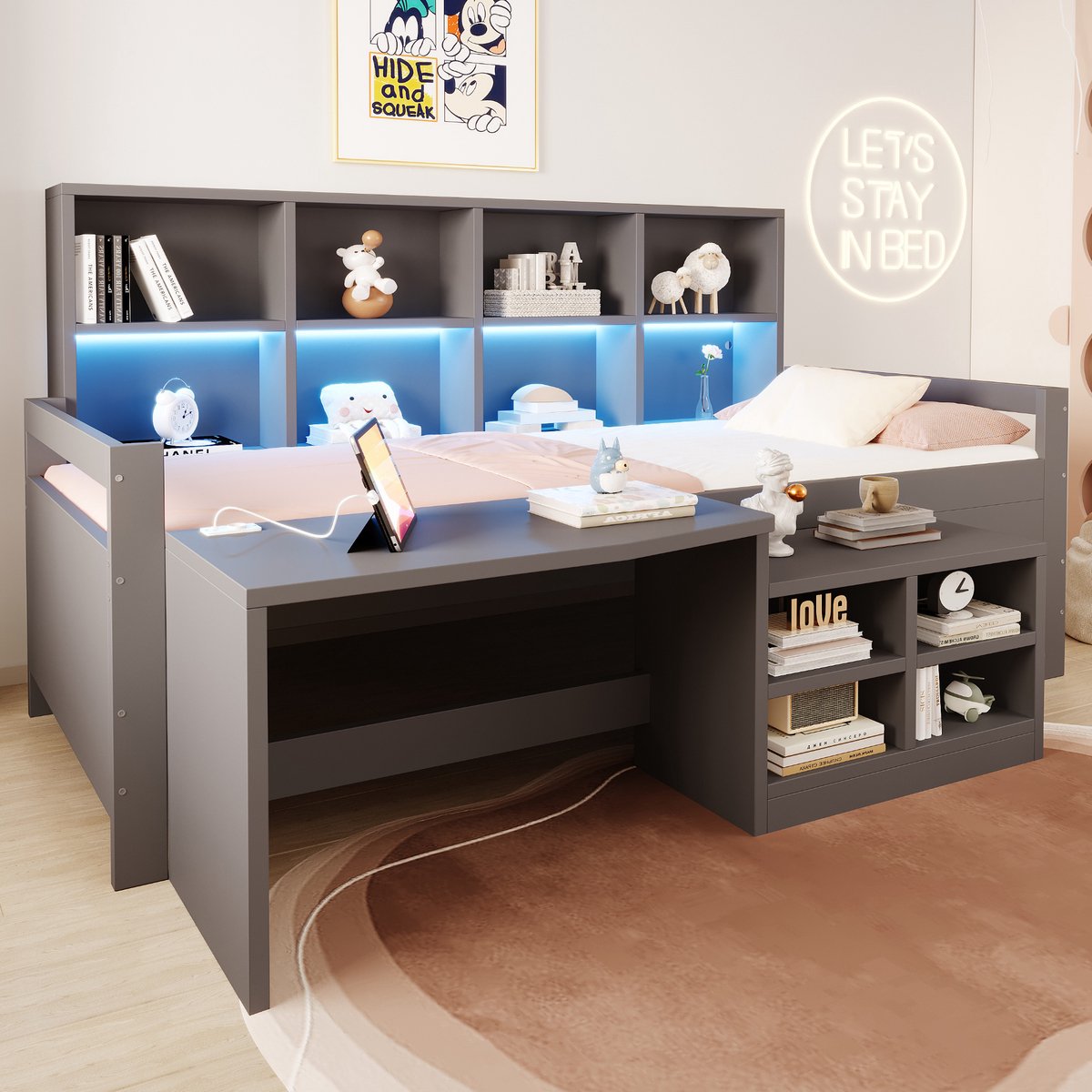 VVBV Kinderbed 90x200 cm - Met Bureau, Opbergtrap, USB-Aansluiting, Stopcontact - Grijs, Hout & MDF
