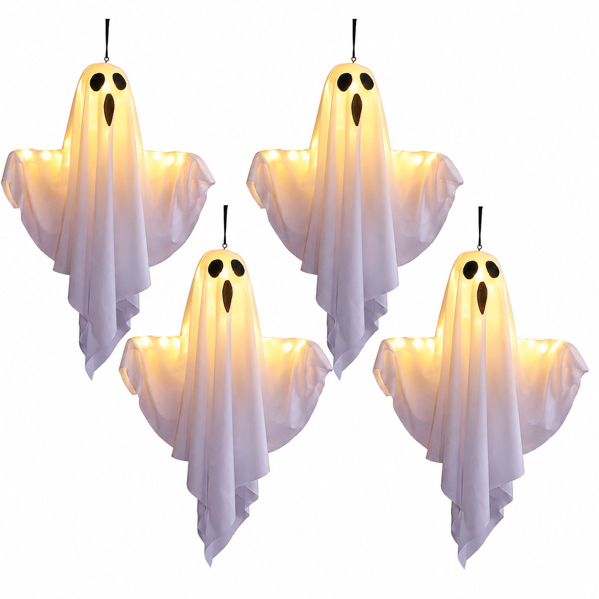 Halloween Hangende Spookdecoratie met Warm Witte LED Verlichting - 50 x 40 cm - Verlichte Geest Hanglamp voor Binnen en Buiten - Decoratie voor Tuin, Voordeur, Balkon, Slaapkamer, Feest, Patio en Halloween Themafeest - 4 stuks