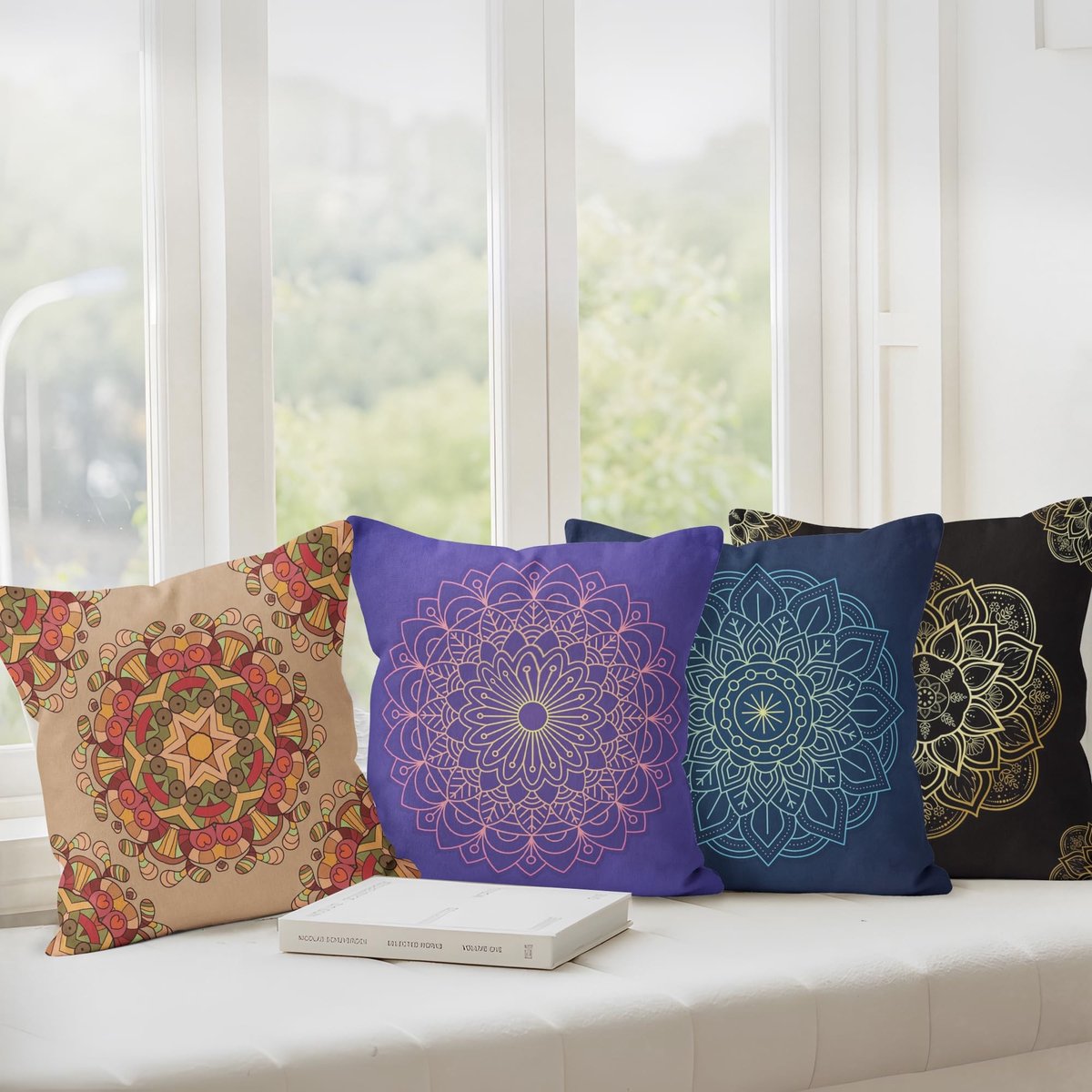 Elzusha - Set van 4 Mandala Bloem Kussenhoezen 45x45cm - Zwart Paars Boho Stijl