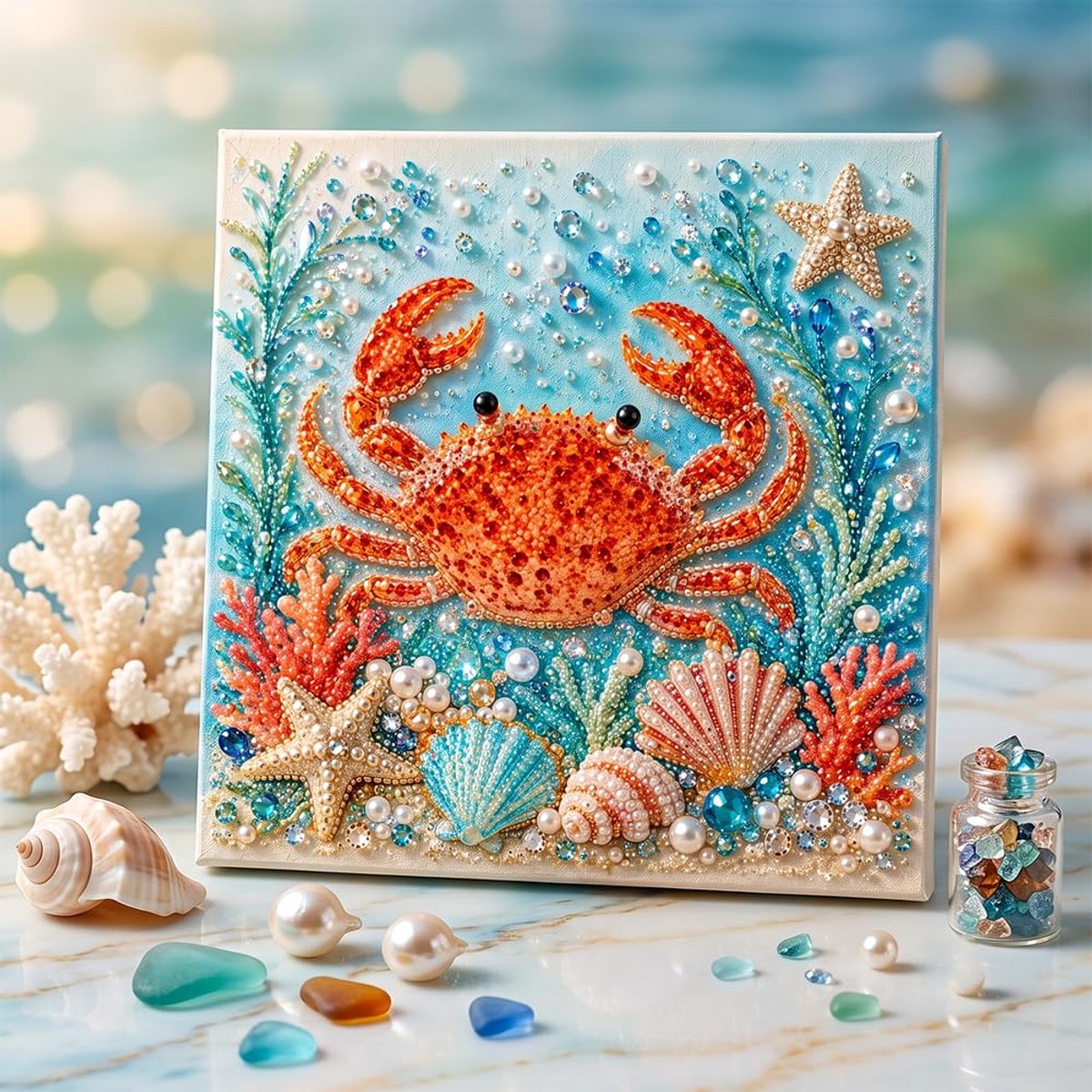 Casalora® 3D Diamant Schilderij DIY Kit Oceaan Parel – Krab – Diamond Painting Set met Lijst – Creatieve Hobby voor Volwassenen & Beginners – Wanddecoratie Cadeau
