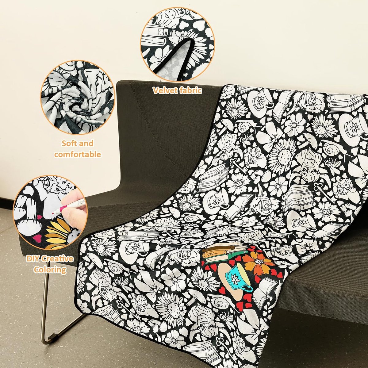 Inkleurbare Schilderdeken met 24 Stiften - 150x125 cm - Wasbare Velvet Plaid Om In Te Kleuren - Creatieve Set voor Kinderen en Volwassenen - DIY Knutsel Cadeau