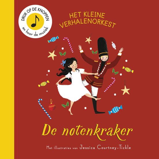 Rode achtergrond met een illustratie van een notenkraker en een meisje die dansen, omringd door snoepjes en sterren.