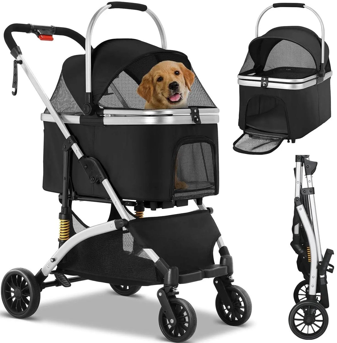 Adelair hondenbuggy - 4 in 1 kinderwagen voor huisdieren - inklapbare - afneembare reistas en autostoel - 4 wieler - voor hond en kat