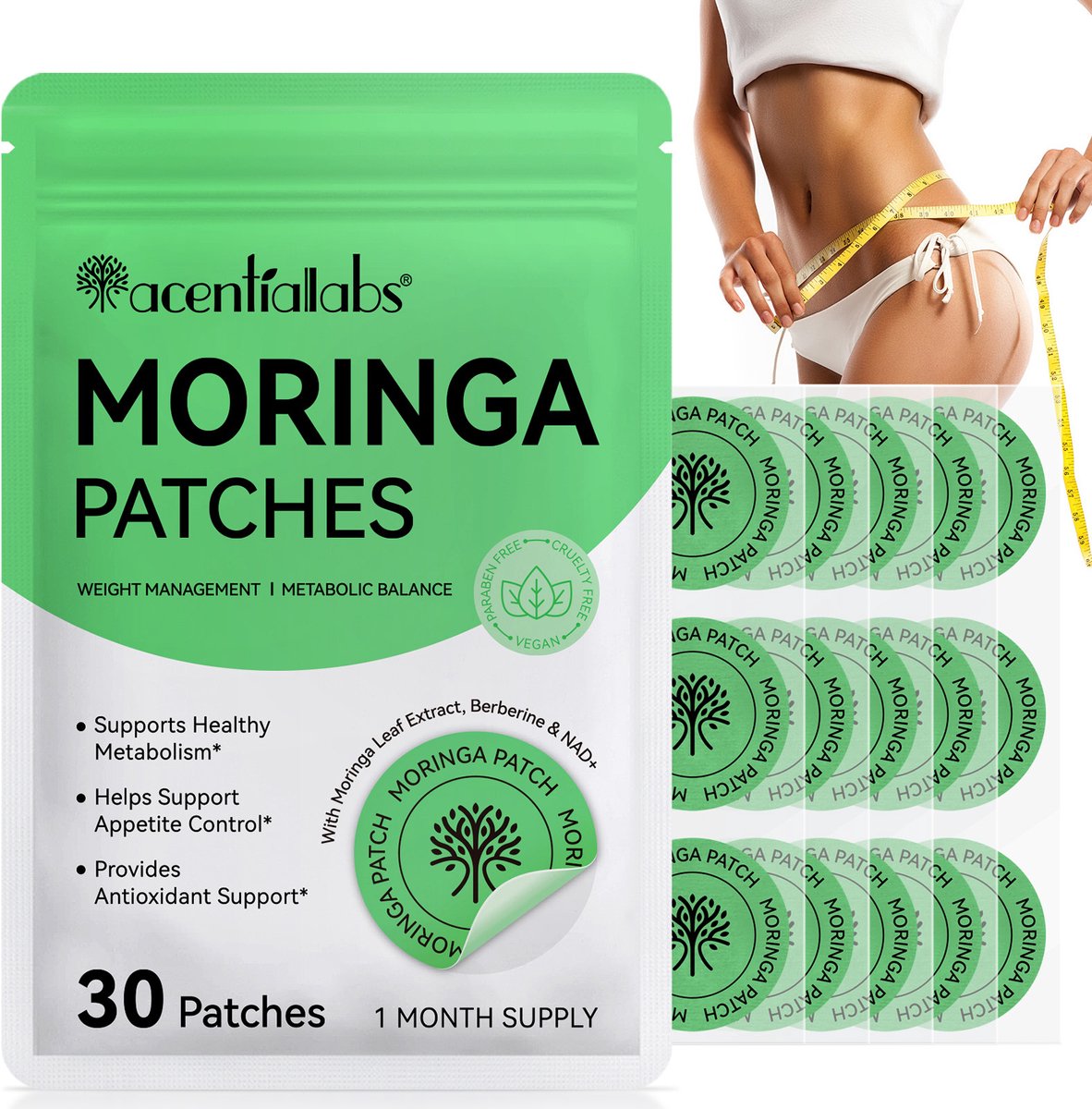 acentiallabs Moringa Patches 30 Stuks – Berberine Patches met NAD+, Resveratrol, L-Carnitine & Q10