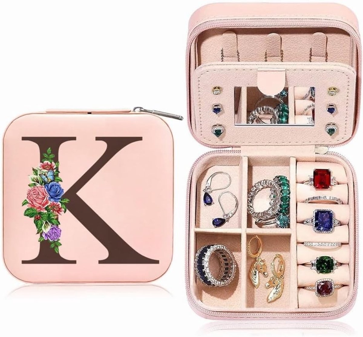 Sieradenbox met initiaal K, compacte reisjuwelenbox met spiegel en bloemenmotief, perfect voor opbergen