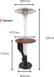 Flamesa Solaro pellet terrasverwarmer met tafel, 220 cm hoog. Zwarte basis met wieltjes, houten tafelblad en zilverkleurige kap.