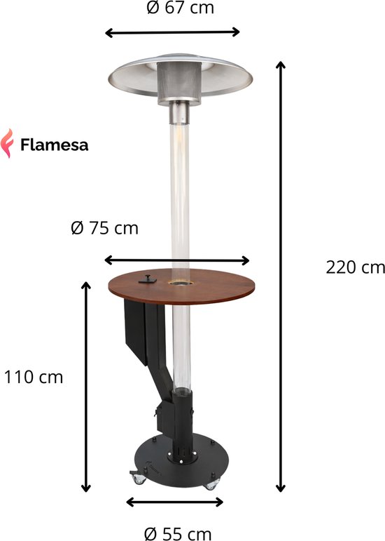 Flamesa Solaro pellet terrasverwarmer met tafel, 220 cm hoog. Zwarte basis met wieltjes, houten tafelblad en zilverkleurige kap.