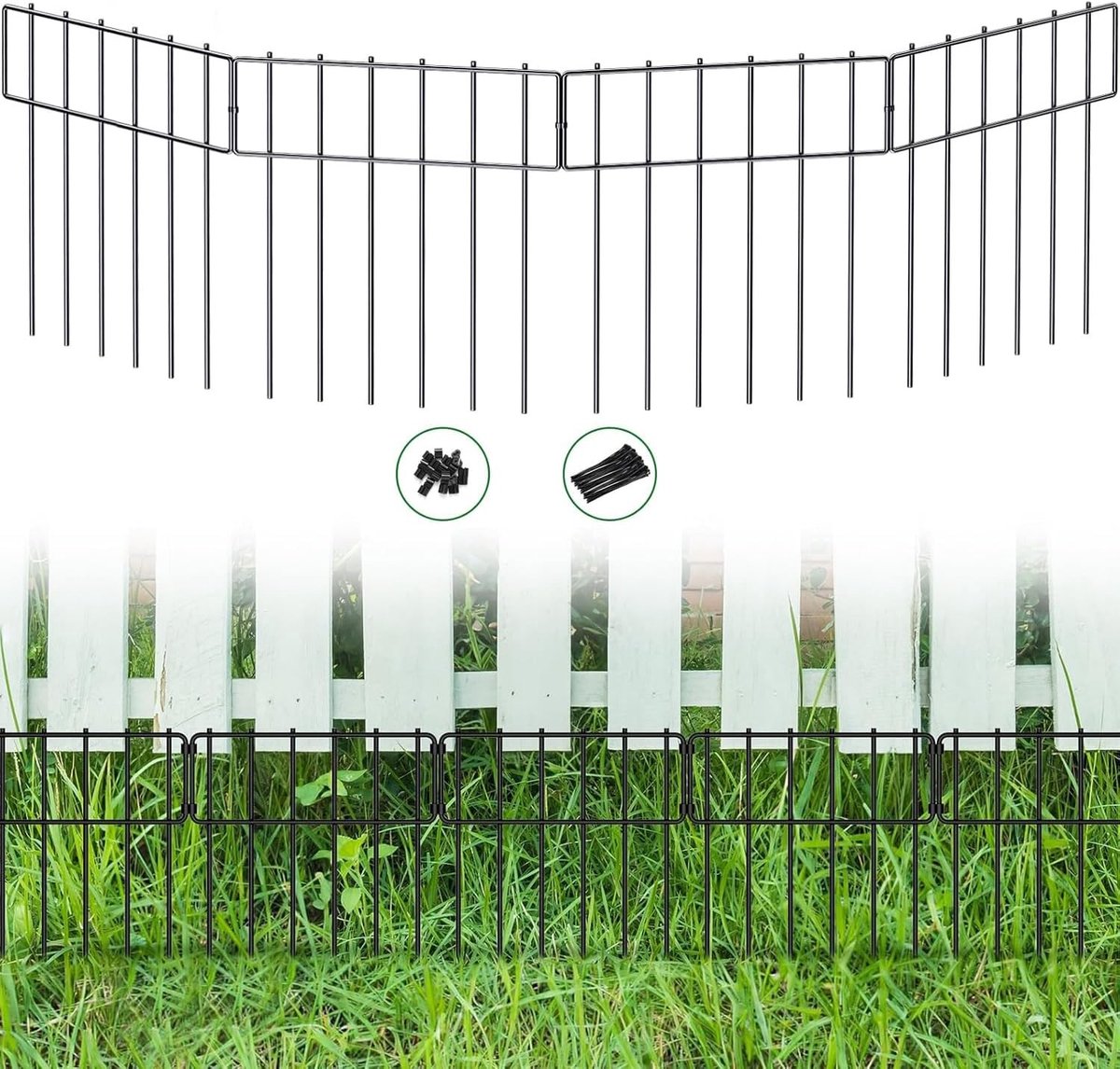 Decoratieve Tuinhekken Set van 25, 8.2 m (L) x 43 cm (H), Dierenafscherming, Metalen Tuinhek zonder Graven, Inclusief Clips en Kabelbinders