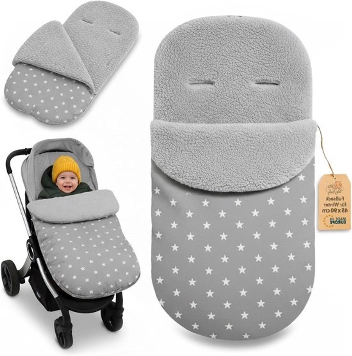Voetenzak Kinderwagen - Baby Omslagdeken - Winterse Wandelingen - Wind- en Waterafstotend - 90x45 cm - Sterren en grijs
