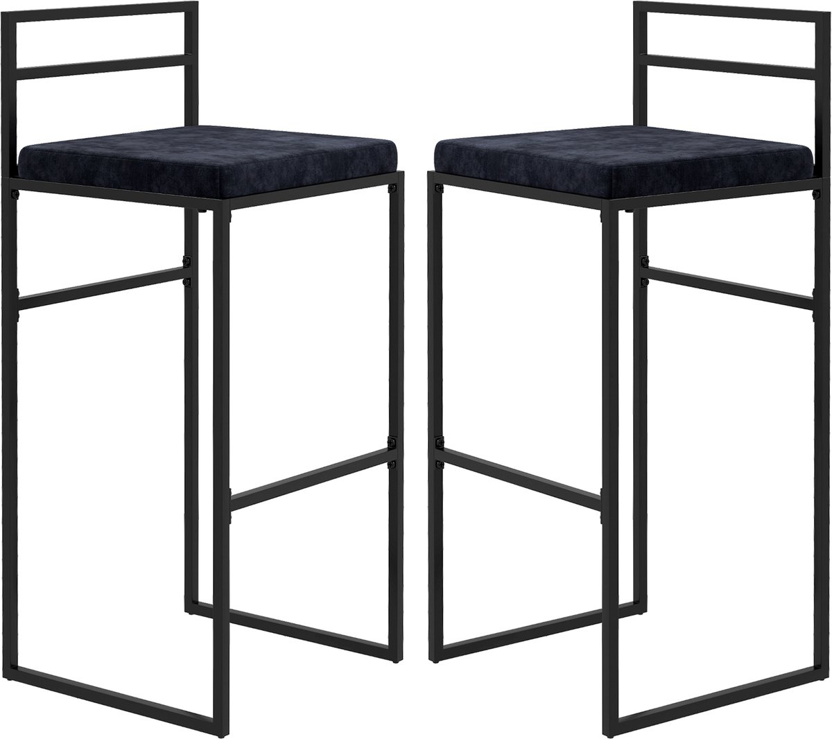 Set van 2 hoge stoelen, barkrukken, hoogte 74 cm, stalen frame, zitkussen van fluweel, voetensteun, barstoelen, elegante moderne stijl, zwart