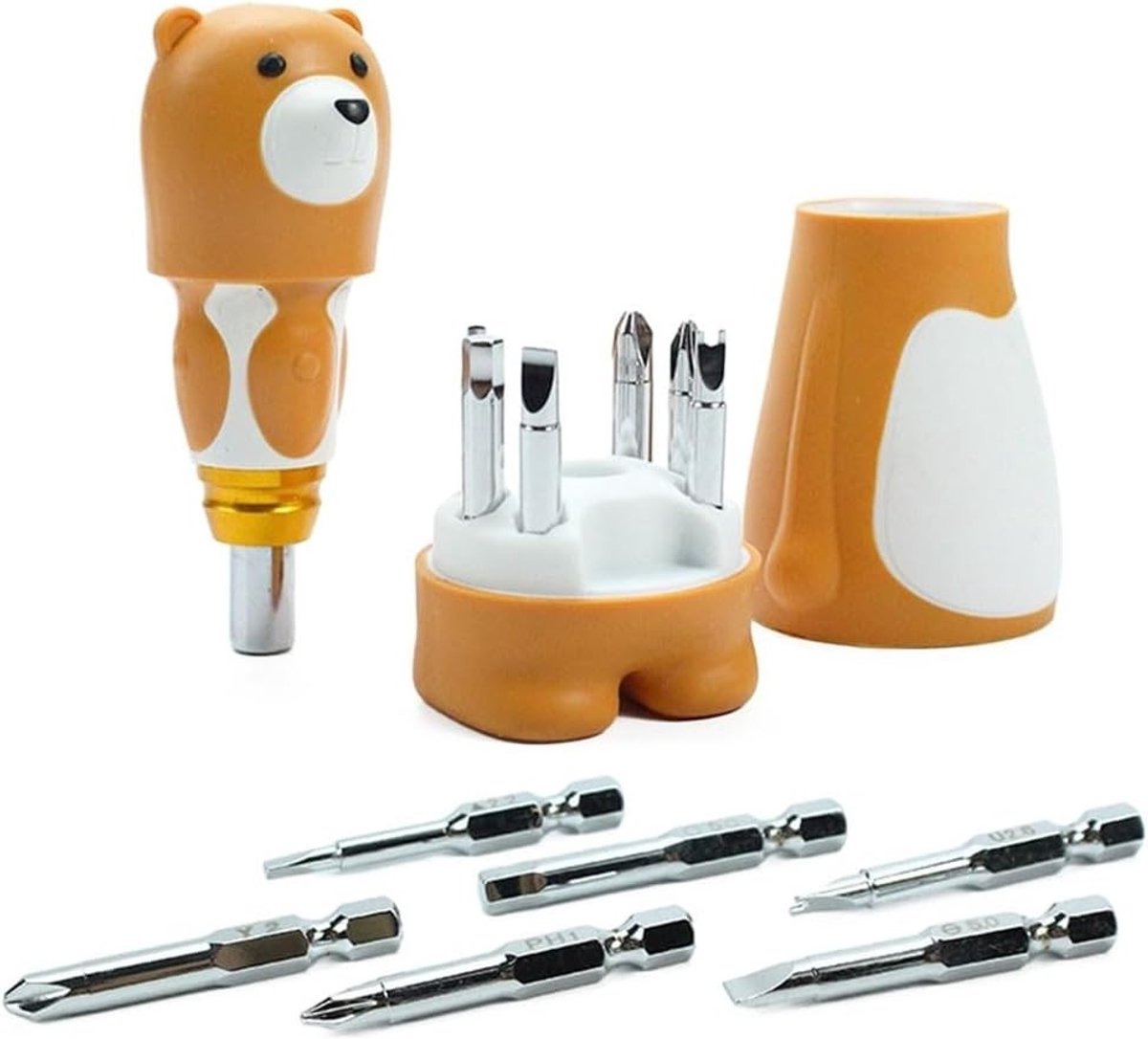 Multifunctionele 6-in-1 Schroevendraaier Set voor DIY Onderhoud en Reparaties in Huis en Keuken met Cartoon Beer Ontwerp