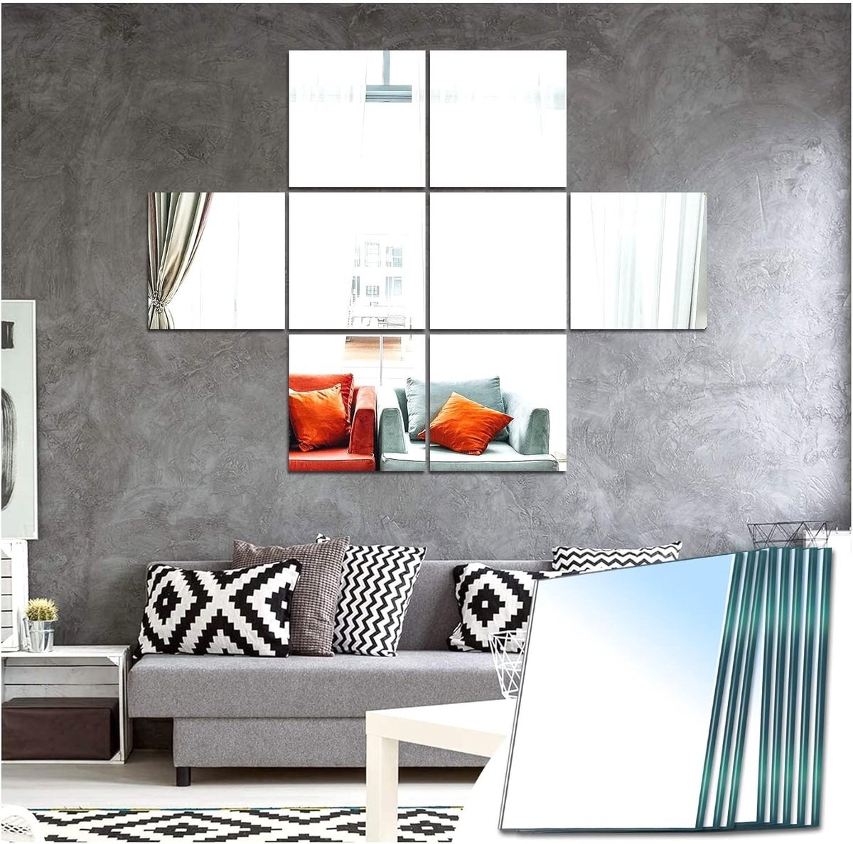 Vierkante Spiegeltegels voor Wanddecoratie, Zelfklevende Glazen Spiegels voor Woonkamer, Slaapkamer en Hal - Set van 8 (20,5 x 20,5 cm)