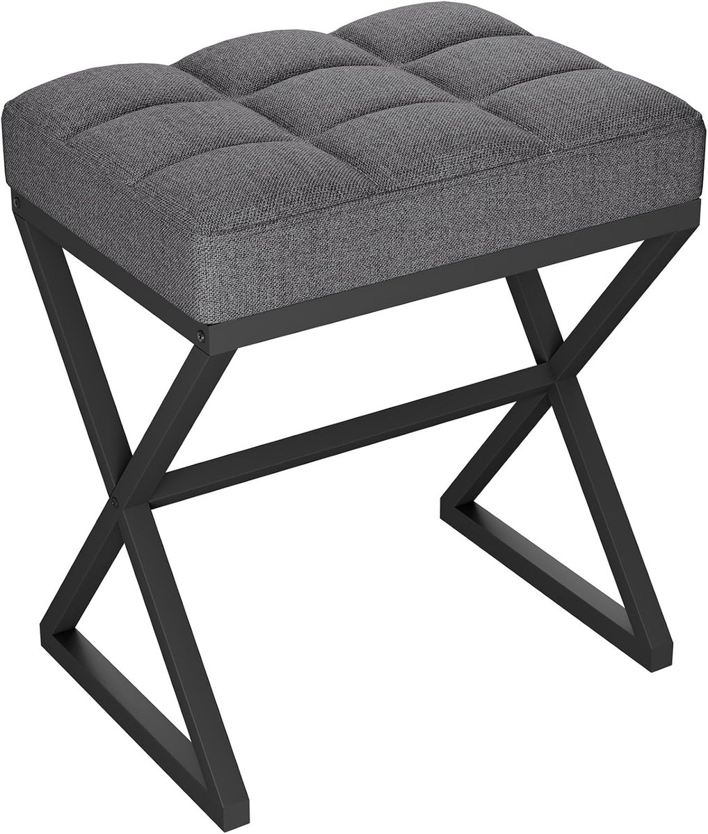 Stijlvolle Linnen Poef met Vierkante Vorm en X-Vormige Metalen Poten voor Make-up en Interieurdecoratie in Woonkamer, Slaapkamer of Hal - 40×30×46cm Grijs