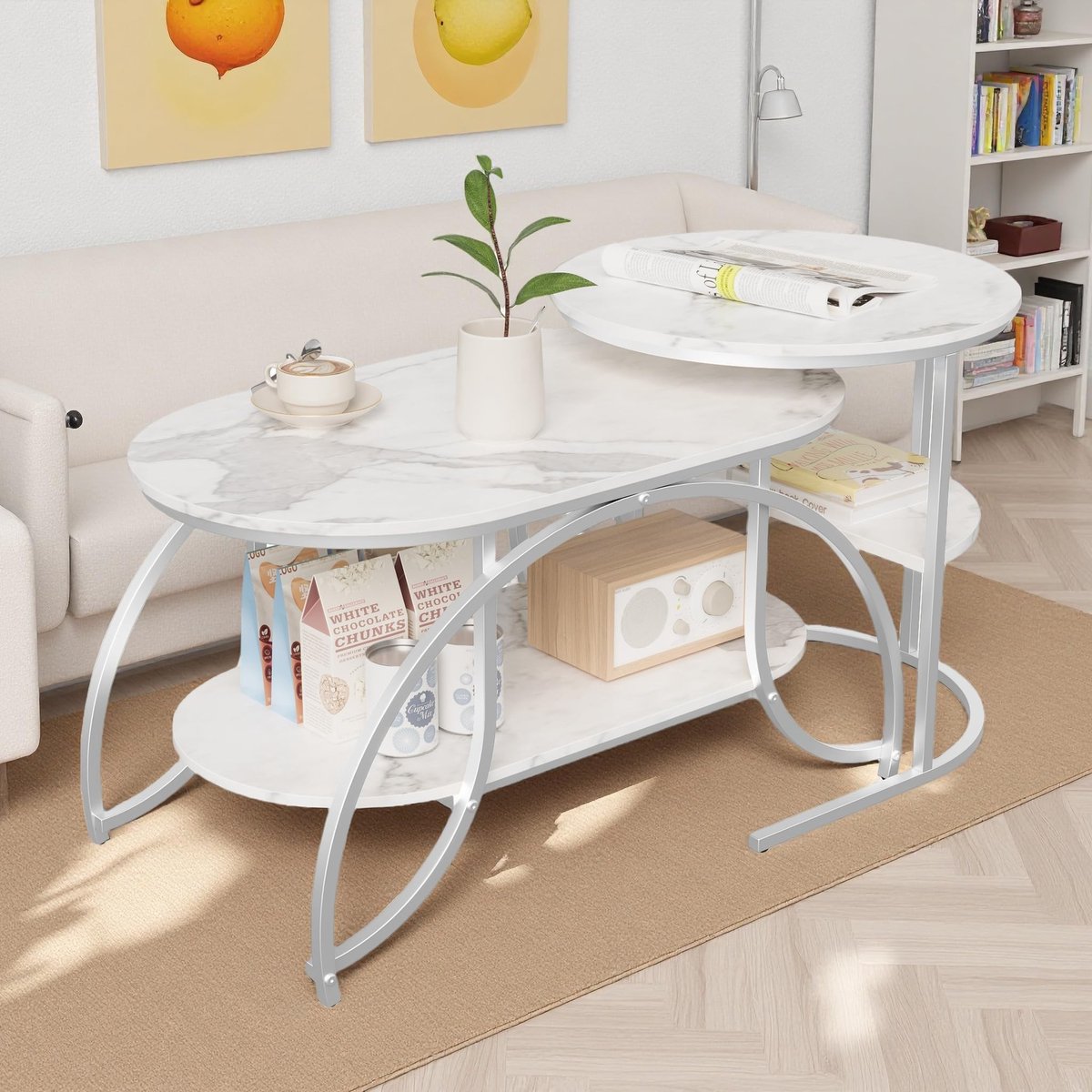 Set van 2 Koffietafels - Modern Marmerlook met Opbergruimte