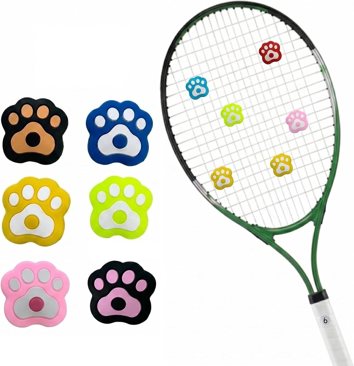 Set van 6 schokdempers voor tennisballen met grappig klauwenontwerp, ideaal voor tennis, squash en badminton. Perfect voor sportliefhebbers!