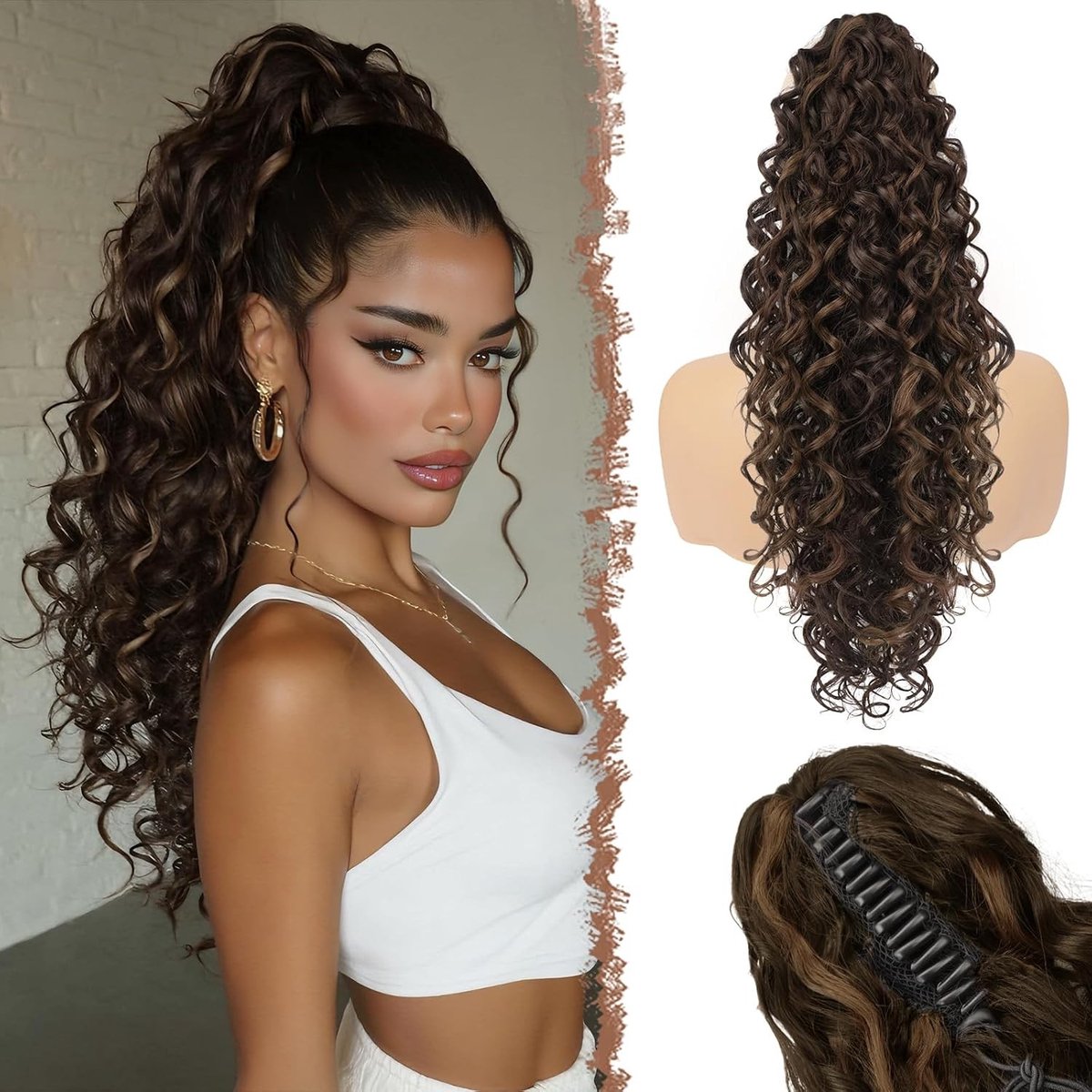 Lange Krullende Ponytail Extension - Gemengd Bruine Ponytails met Klamma, Natuurlijke Synthetische Haarstukken, Wavy Haarverlengingen voor Vrouwen, 65 cm Lang
