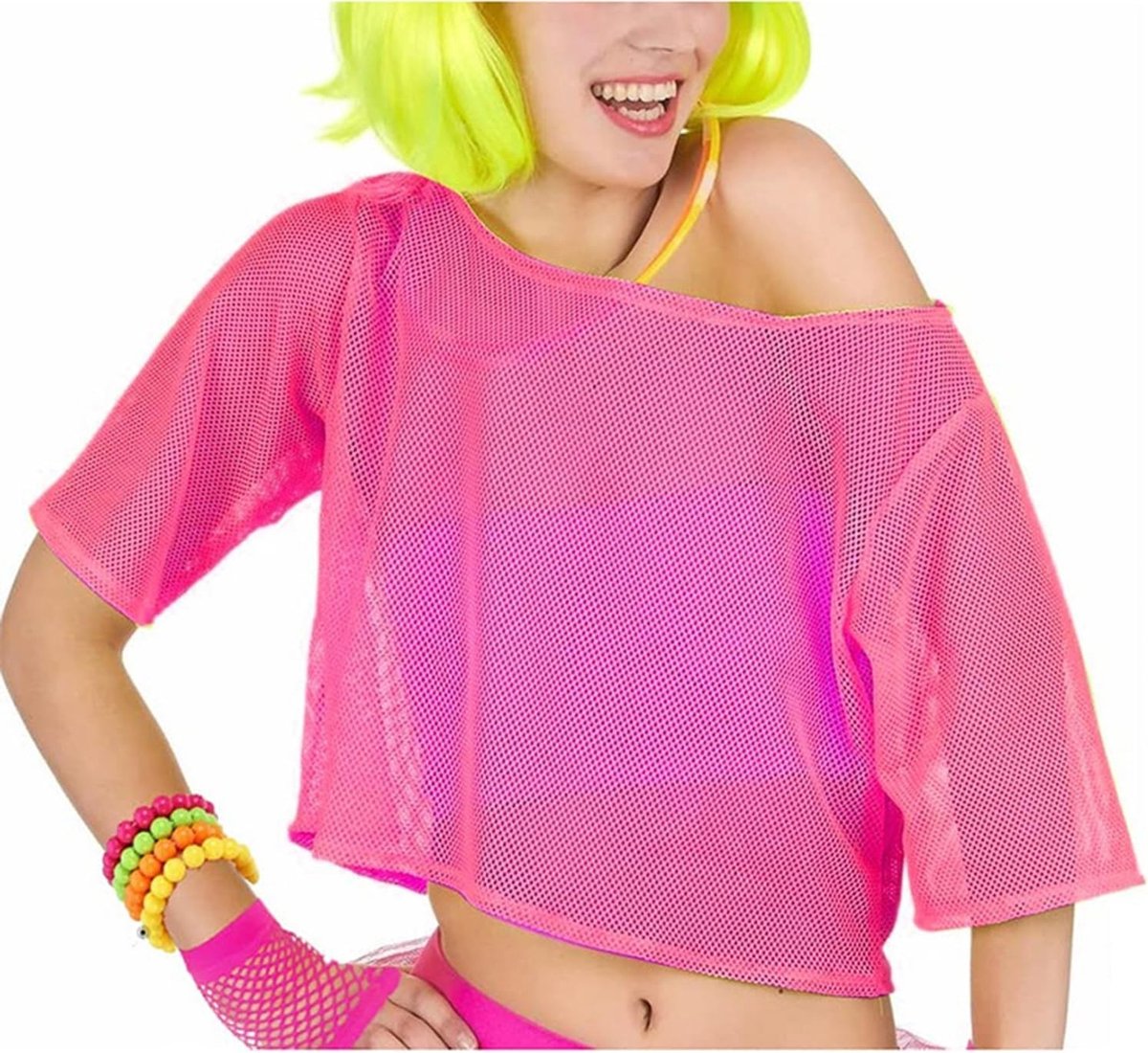 Off Shoulder Mesh Fishnet Top in Neon Kleuren voor Cosplay, Feest en Carnaval - 80s Stijl Kostuum