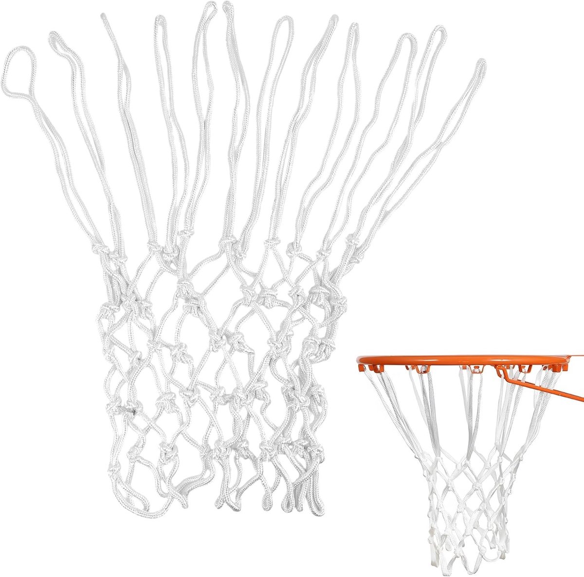 Vervangend Basketball Net voor Binnen en Buiten, Weerbestendig, Standaardformaat, 12 Lussen, Anti-Werveling, Polyester, UV-Bestendig en Corrosiebestendig, 21 Inch Lengte