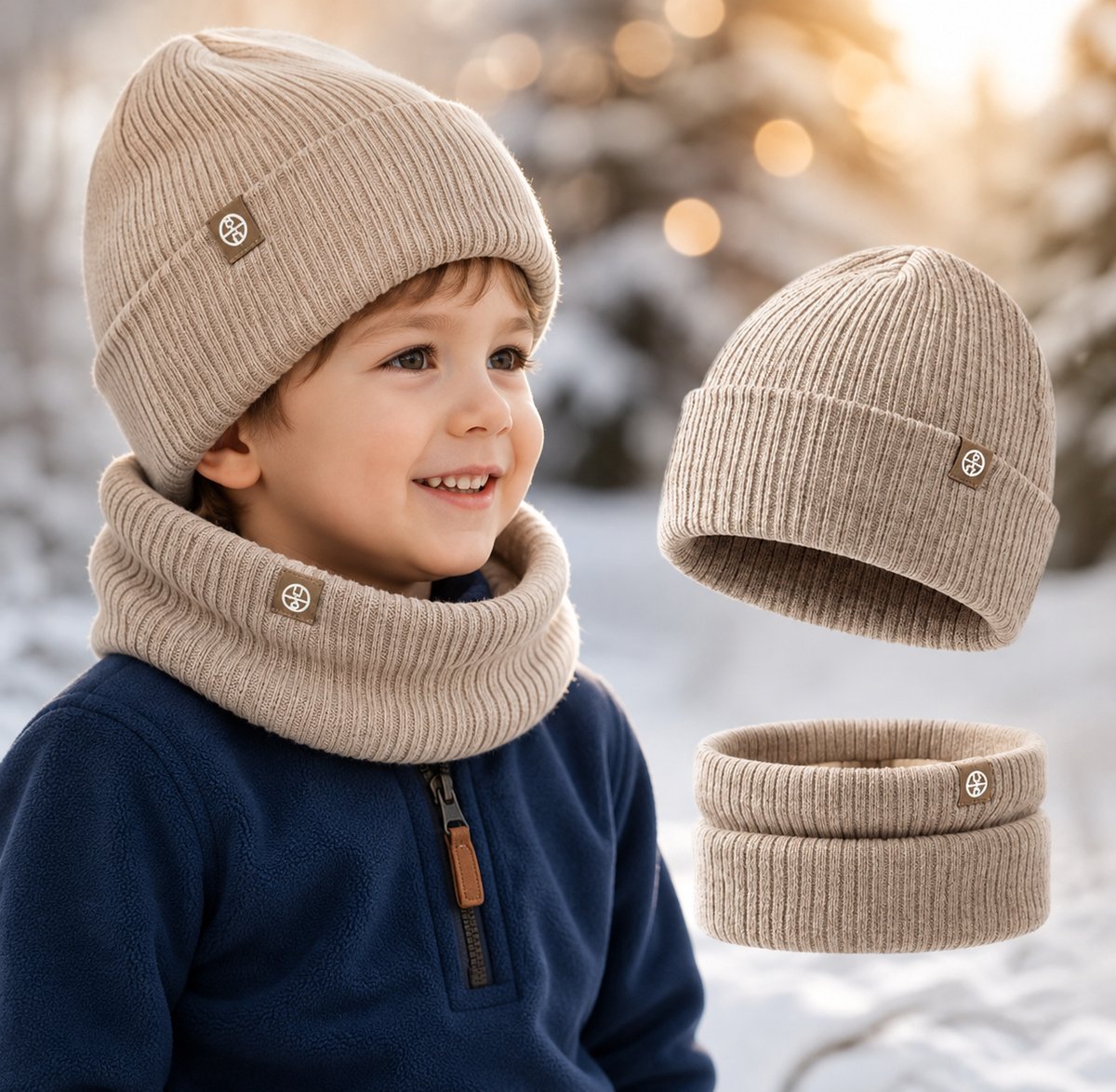 Kinderset gebreide muts en colsjaal, warme wintermuts en sjaal voor peuters, donkerblauw