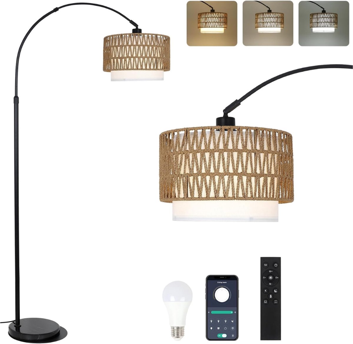 NIVA® Booglamp - Vloerlamp - Booglampen Dimbaar - Zwart/Beige - 43cm x 33cm x 18cm