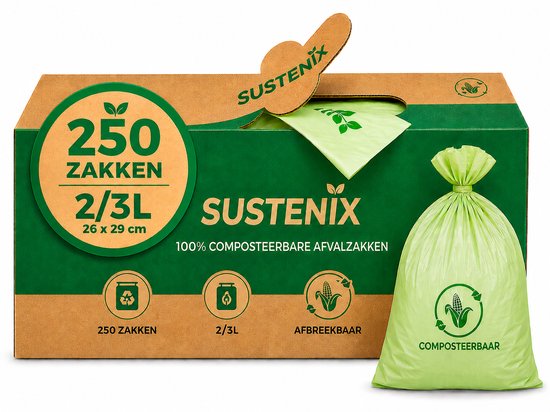 Doos met 250 sustenix composteerbare GFT-zakken van 2/3 liter, 26 x 29 cm, in het groen.