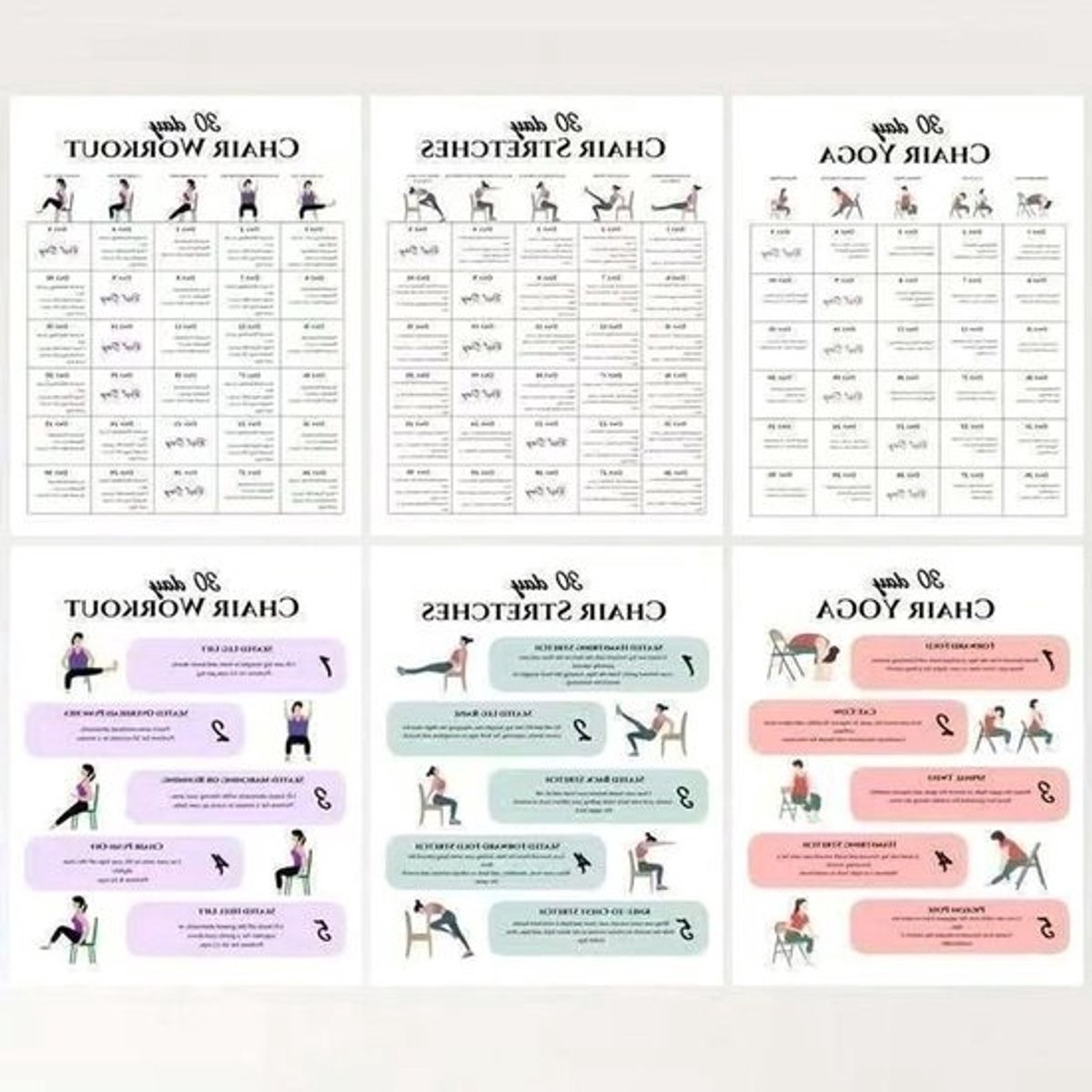 Stoel Yoga Poster - Fitness Kaarten - Thuis Fitness - Beginnersvriendelijke Begeleiding - 6 Stuks - Meerdere Kleuren