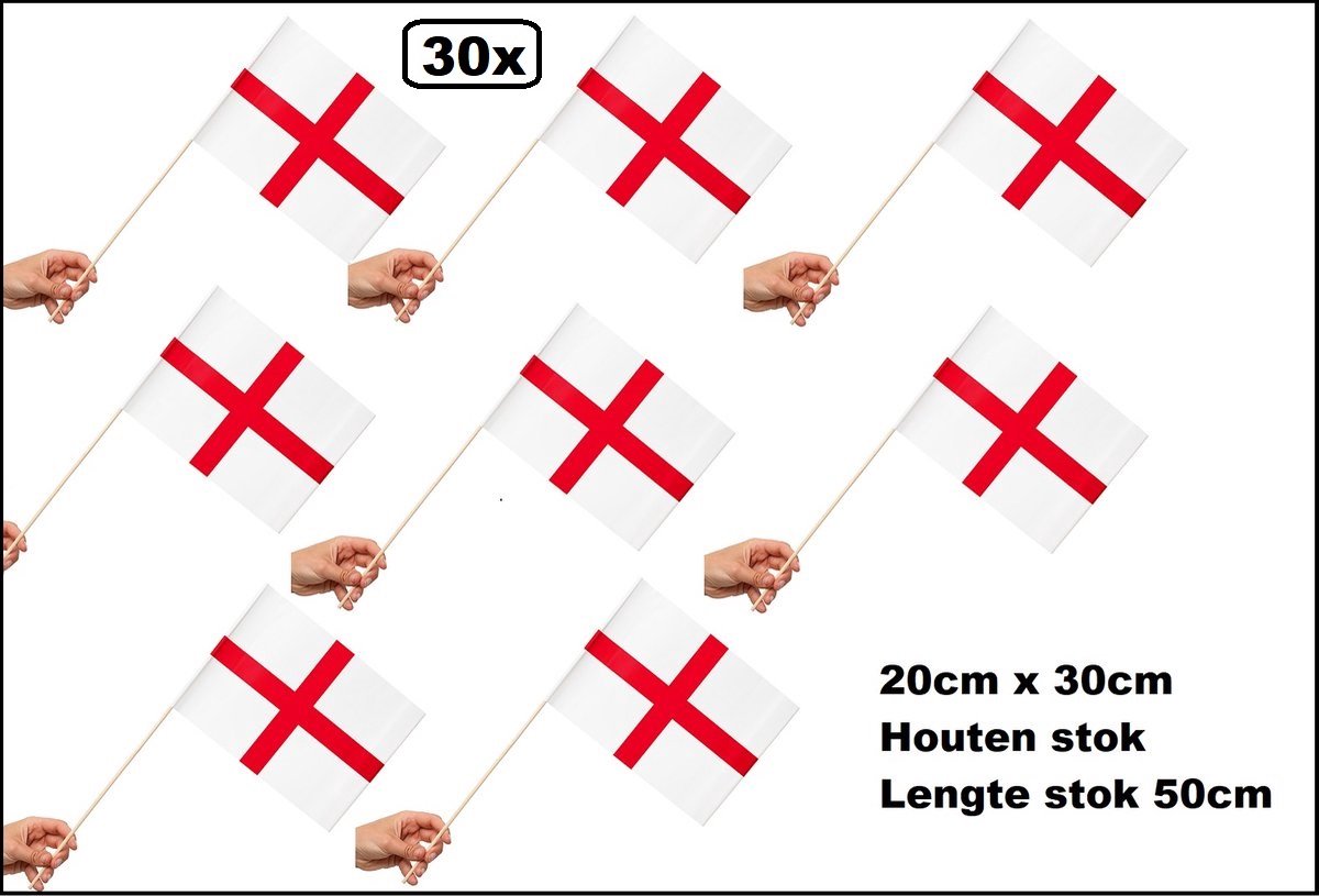 30 stuks Zwaaivlaggetjes op stok Engeland 20cm x 30cm - lengte stok 50cm - Zwaai vlaggetjes EK WK thema feest voetbal festival uitdeel