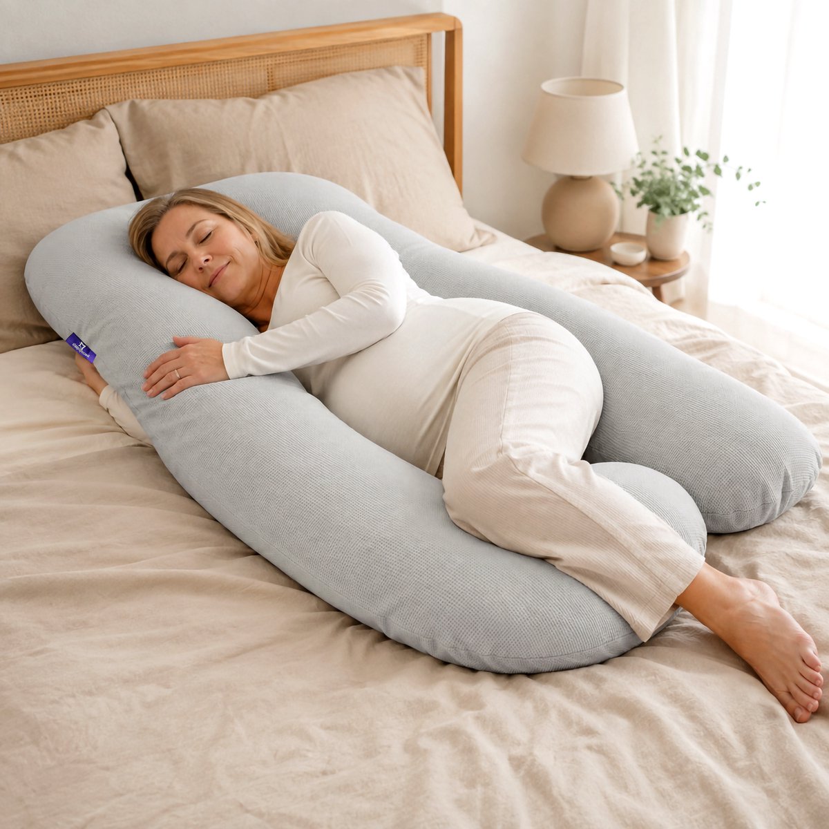 Slaapspeciaal XXL Zwangerschapskussen U-Vorm 140x75 cm – Ergonomisch Body Pillow & Zijslaperkussen – Afneembare Grijze Wafelhoes