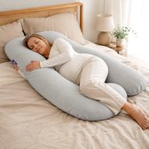 Slaapspeciaal XXL Zwangerschapskussen U-Vorm 140x75 cm – Ergonomisch Body Pillow & Zijslaperkussen – Afneembare Grijze Wafelhoes
