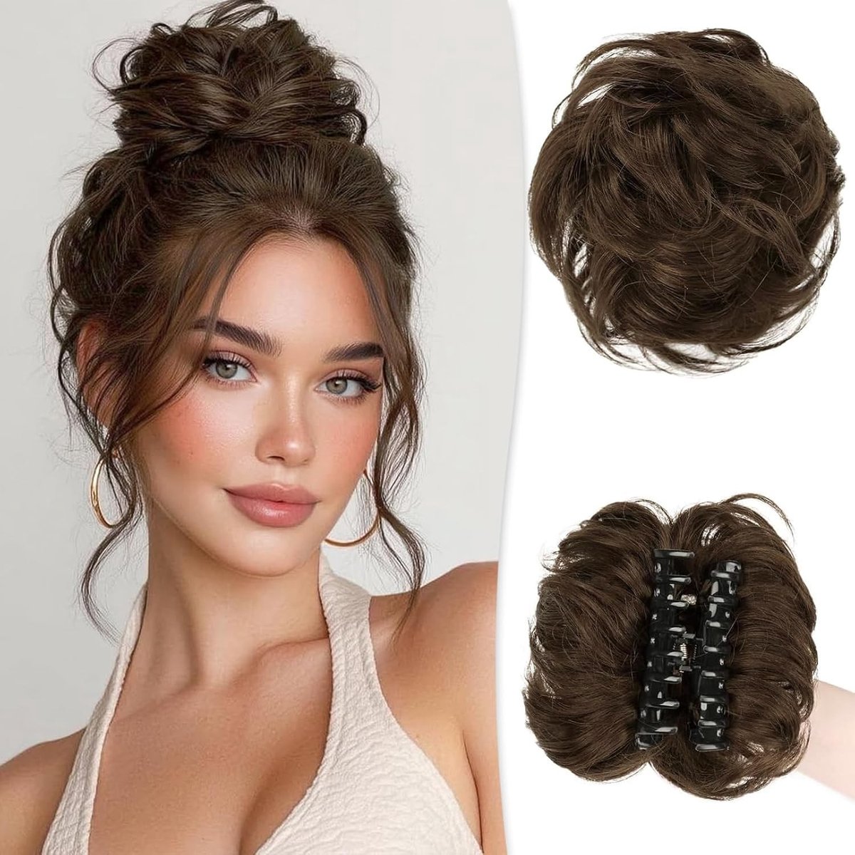 Messy Bun Haarstuk van Menselijk Haar - Golvend en Krullend Chignon Haarstuk voor Vrouwen, Clip-in Updo Accessoire in Middelbruin