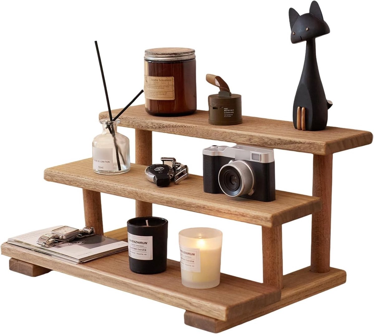 Houten Plank met 3 Niveaus van Paulownia Hout, Ruimtebesparende Tafelplank, Multifunctionele Decoratieve Plank voor Woonkamer, Keuken en Slaapkamer, Handgemaakt en Modern Ontwerp