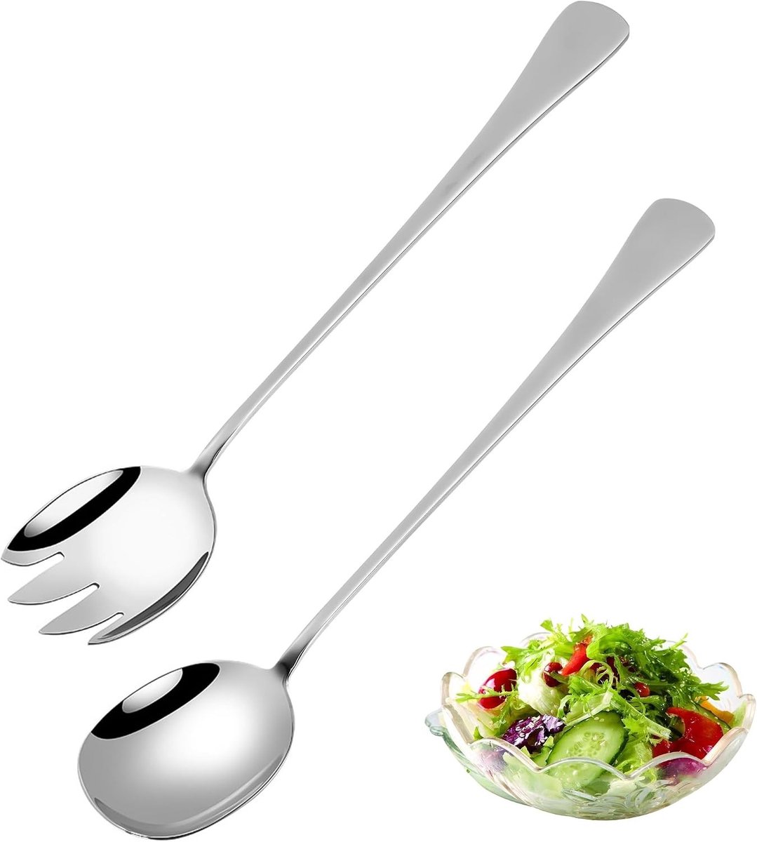 Grote salade snijset van roestvrij staal met serveerlepel voor perfect gesneden salades en groenten