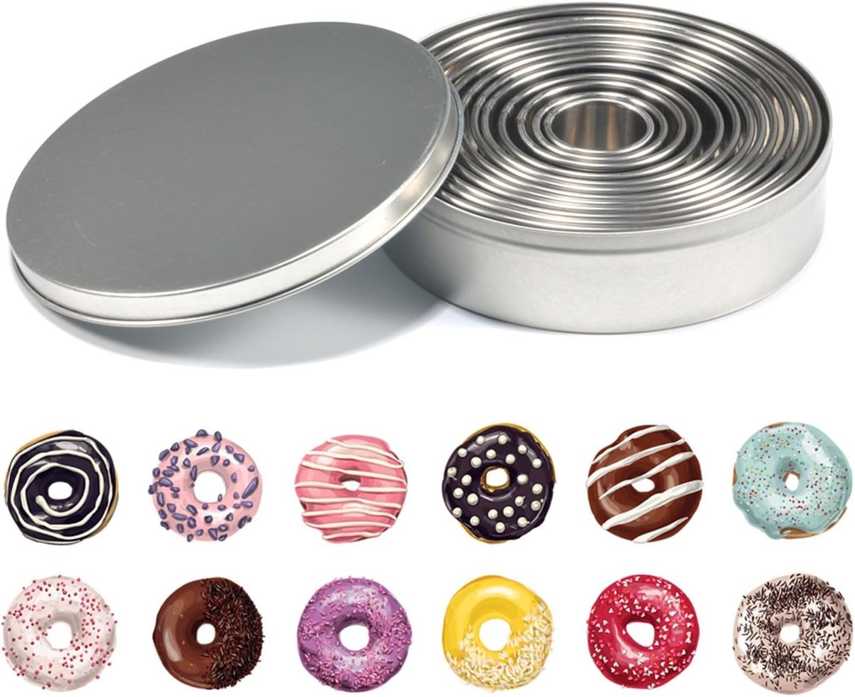 Set van 12 ronde koekjessnijders van roestvrij staal voor bakken, taarten en donuts