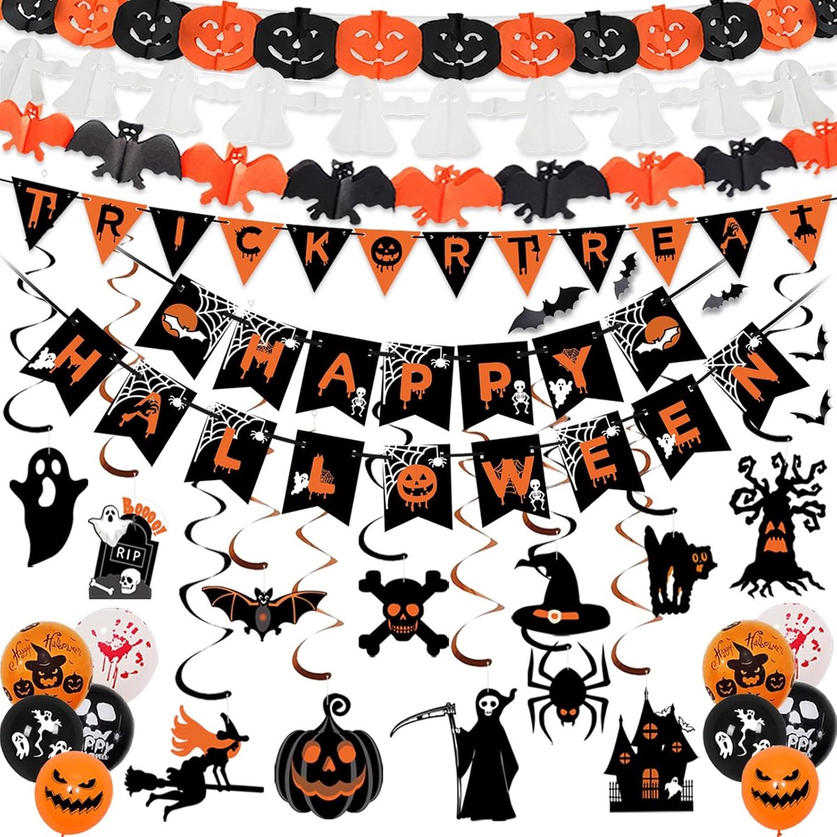 Halloween Decoratie Set - Compleet Binnenpakket met Banner, Slinger, Hangende Decoraties en Ballonnen - Herbruikbaar - 1 set