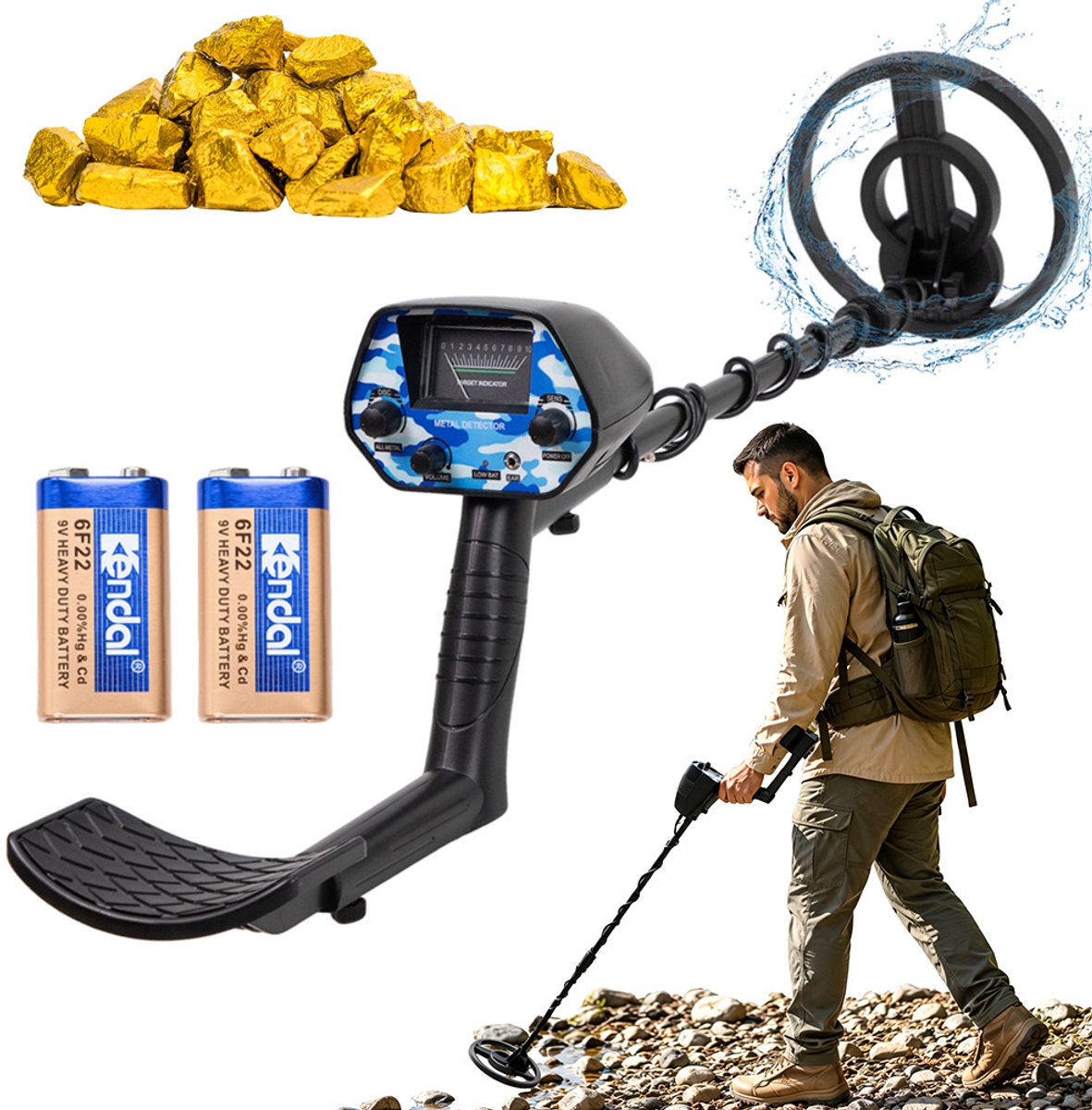Metaaldetector Draagbare - Starterset - 94-122 cm Verstelbaar - IP68 Waterdichte Spoel - All Metaal & DISC - Lichtgewicht - 18cm Diepte - Voor Strand & Ondiep Water & Camping - Buitenschatzoeken