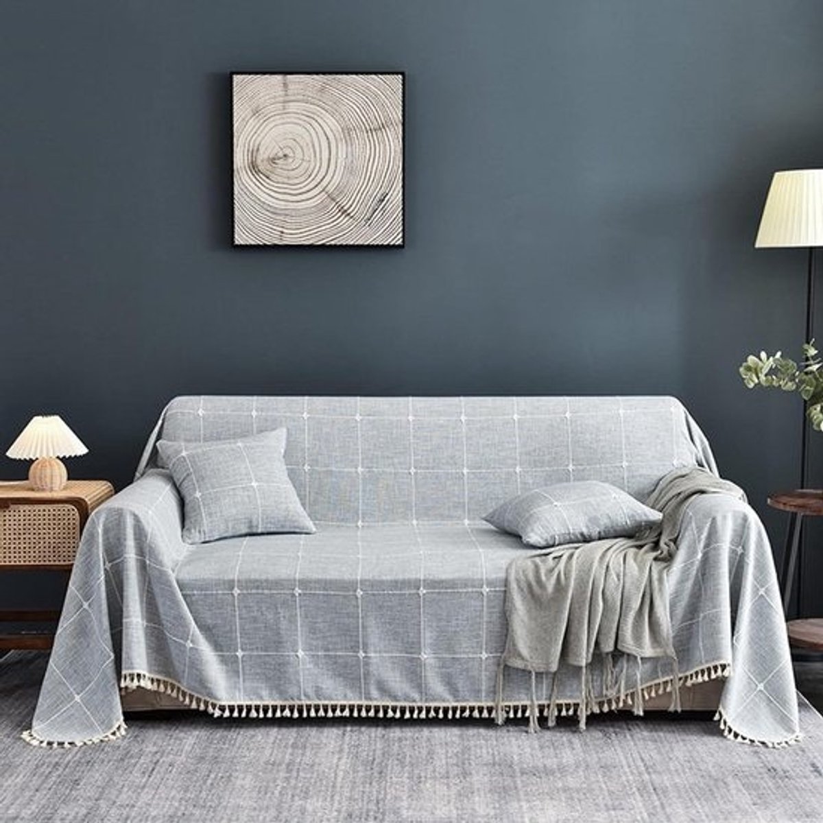 Katoenen Linnen Plaid - Bankhoes Deken - Bank Beschermen - Geruit Franje Ontwerp - 200 x 150 cm - Blauw Grijs