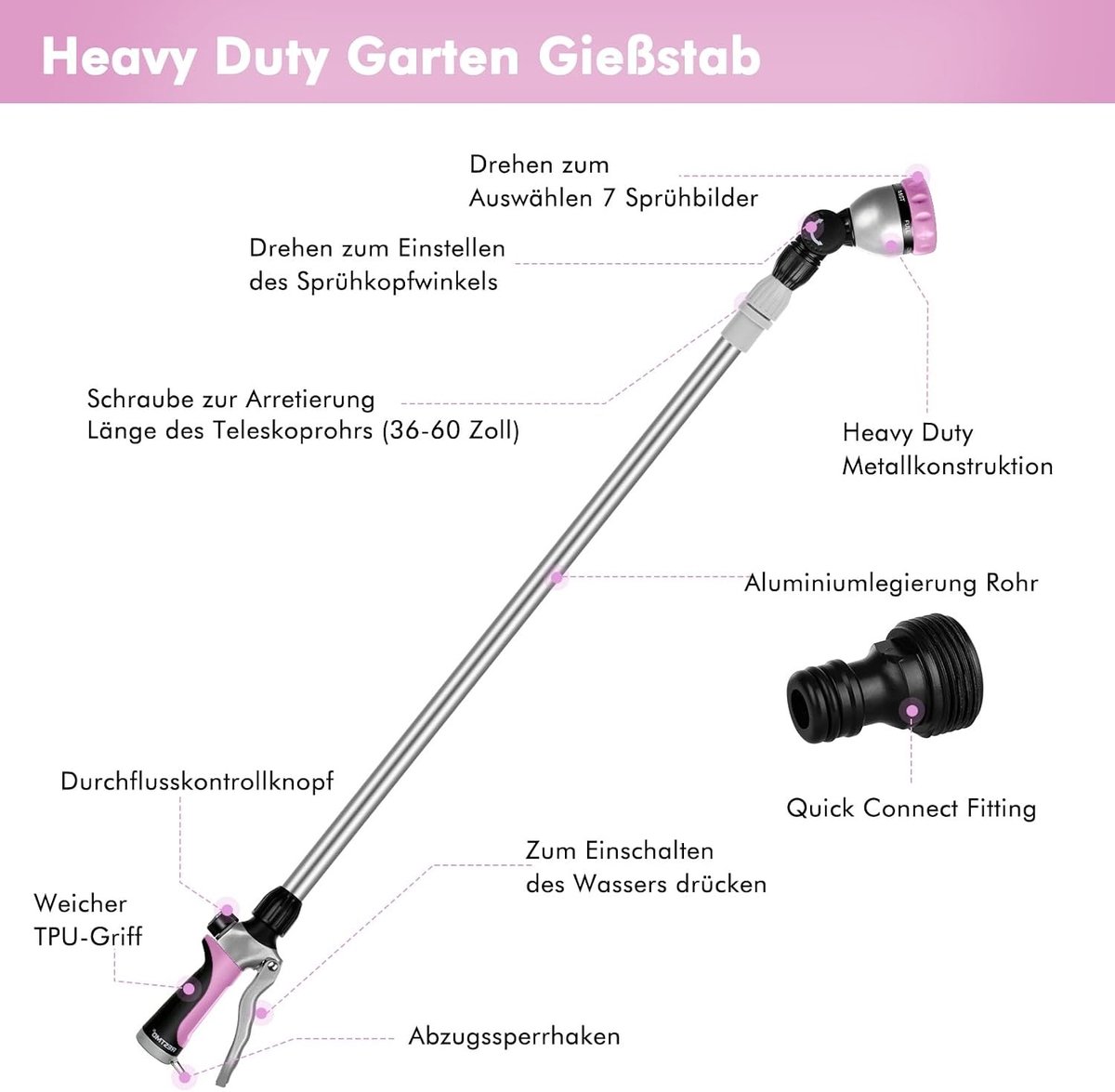 Metalen gietstaf 91-152 cm met telescopische buis en verstelbare ratelkop | 7 sproeipatronen | ideaal voor tuinsproeien en water geven aan planten en struiken