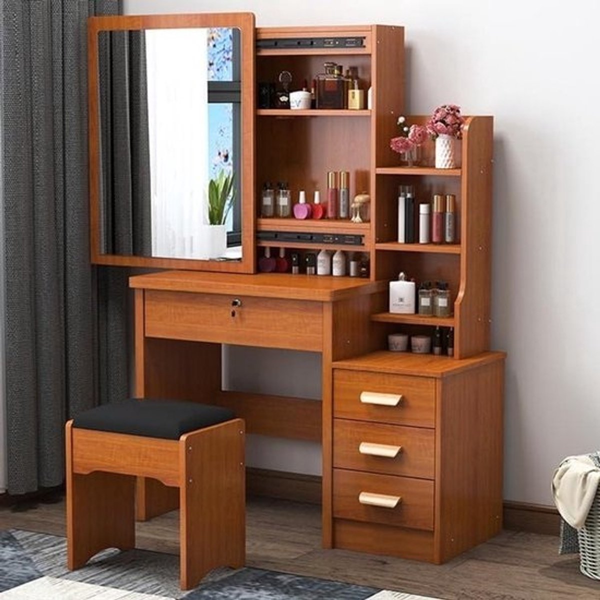 Kaptafel met spiegel - Make-up bureau Kapmeubel - Slaapkamer organiseren - Uitschuifbare spiegel - 6 lades - Houtkleur