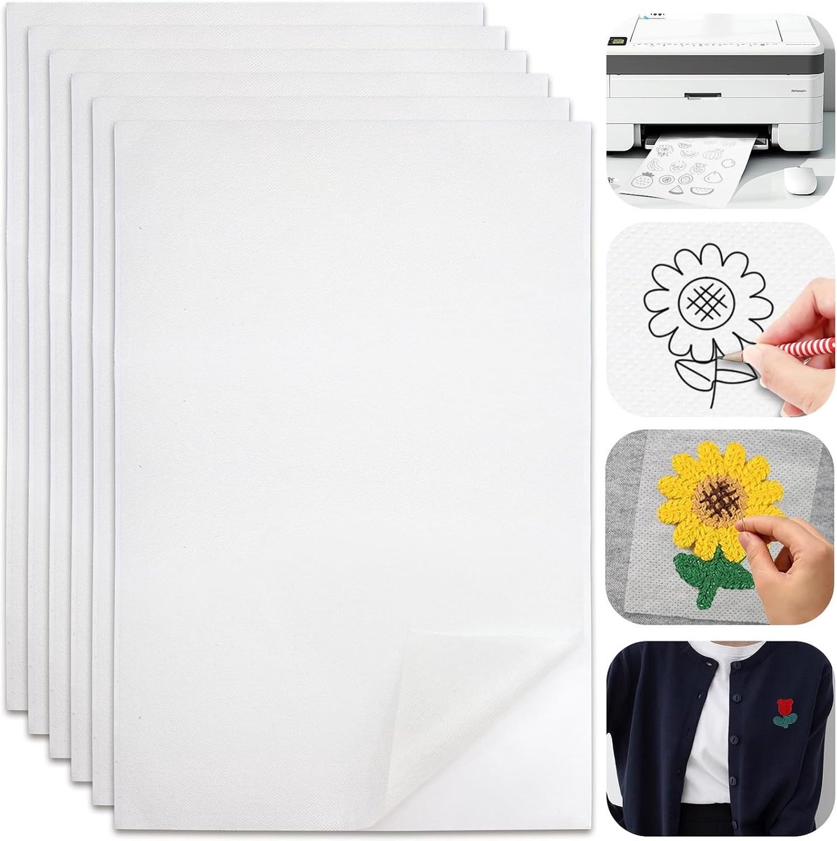 Set van 6 Wateroplosbare Borduurvleece, Zelfklevend en Printbaar Borduurpapier, Ideaal voor DIY Projecten en Creatieve Borduurtechnieken