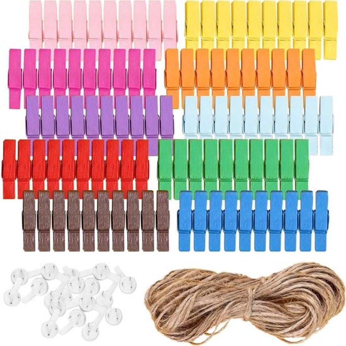 Houten Kledingknijpers Set van 100 Stuks voor Foto's en Collages, Mini Klemmen voor Postkaarten en Cadeaus in Diverse Kleuren