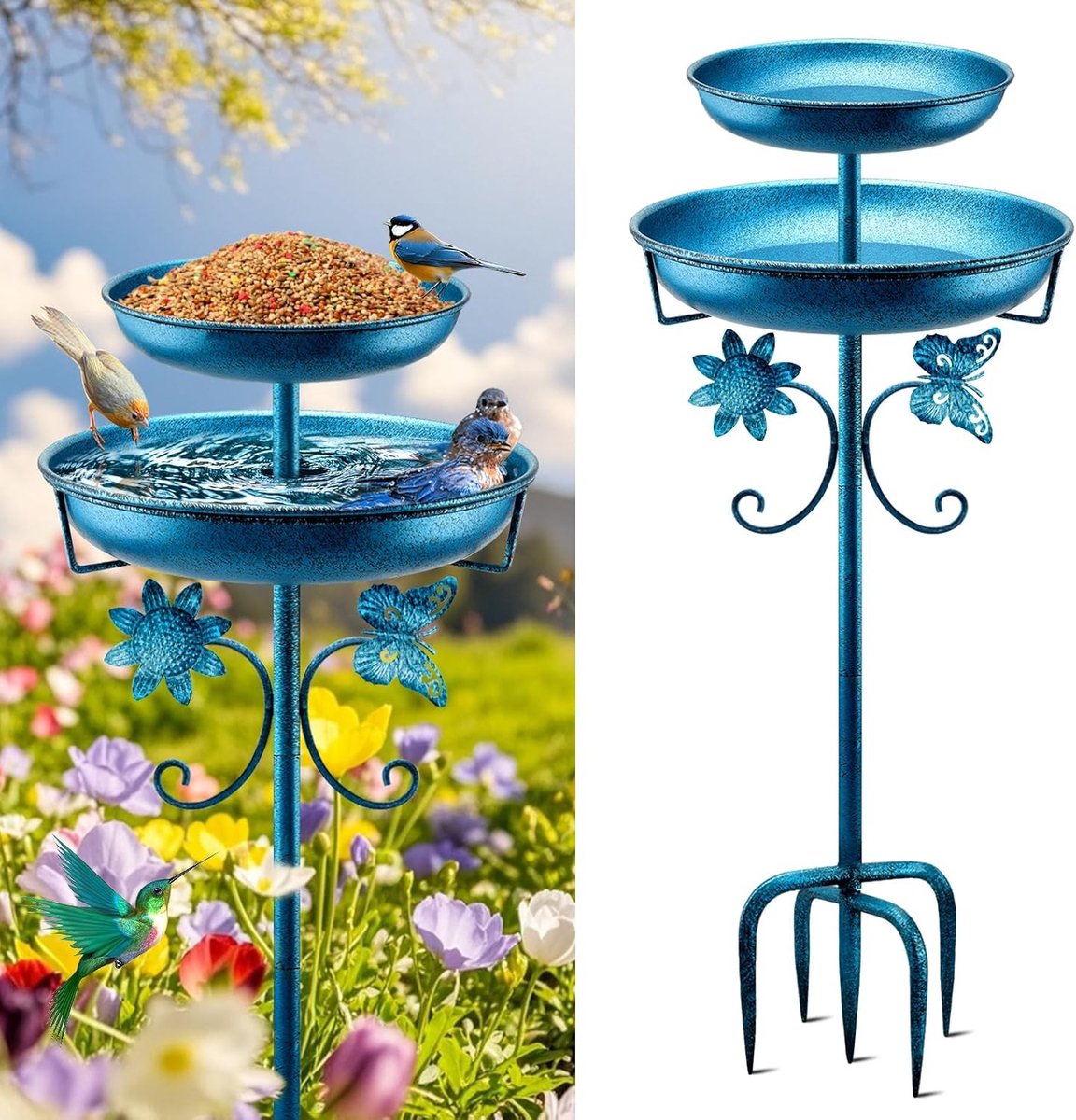 Dubbele Vintage Vogelbad van 42 Inch voor Buiten, Vrijstaand en Inclusief Vogelvoeder, Perfecte Tuin Decoratie voor Tuin en Patio met Verbeterde 5-Poots Basis