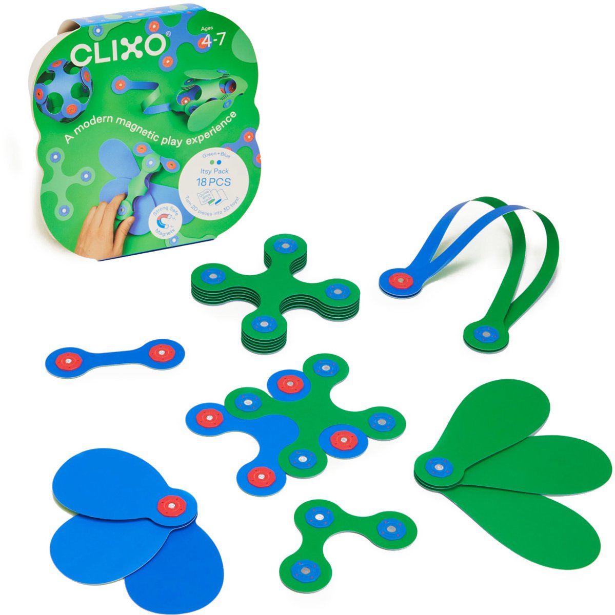 Clixo Itsy 18 stuks set (blauw/geel) - flexibel magnetisch speelgoed