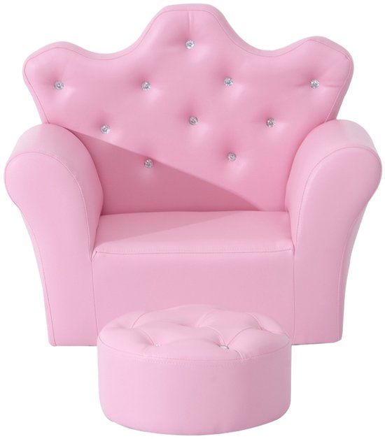 Kinder sofa set met voetenbank Roze PU Leer 58x40,5x49cm Geschikt voor 3-7 jaar Meisjes Kroon Rugleuning 50kg voor Slaapkamer Speelkamer — afbeelding 2