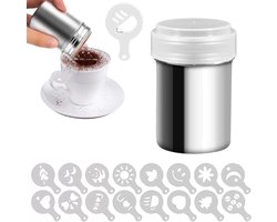 Roestvrijstalen Chocolade Shaker voor Poedersuiker en Cacaopoeder, Ideaal voor Cappuccino en Koffie, 16 Mallen Inbegrepen