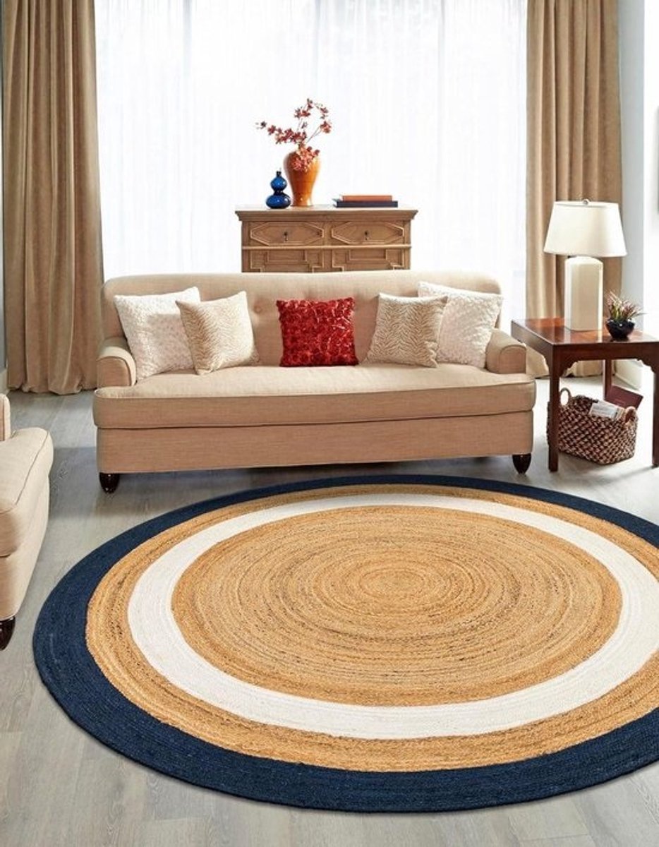 Jute Vloerkleed - Vloerkleed Jute - Woonkamer Decoratie - Handgevlochten Vakmanschap - 183 x 274 cm - Marineblauw Wit