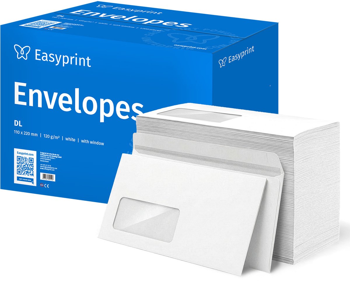 NIEUW: Easyprint Enveloppen met venster, DIN Lang, onbedrukt, 75 stuks