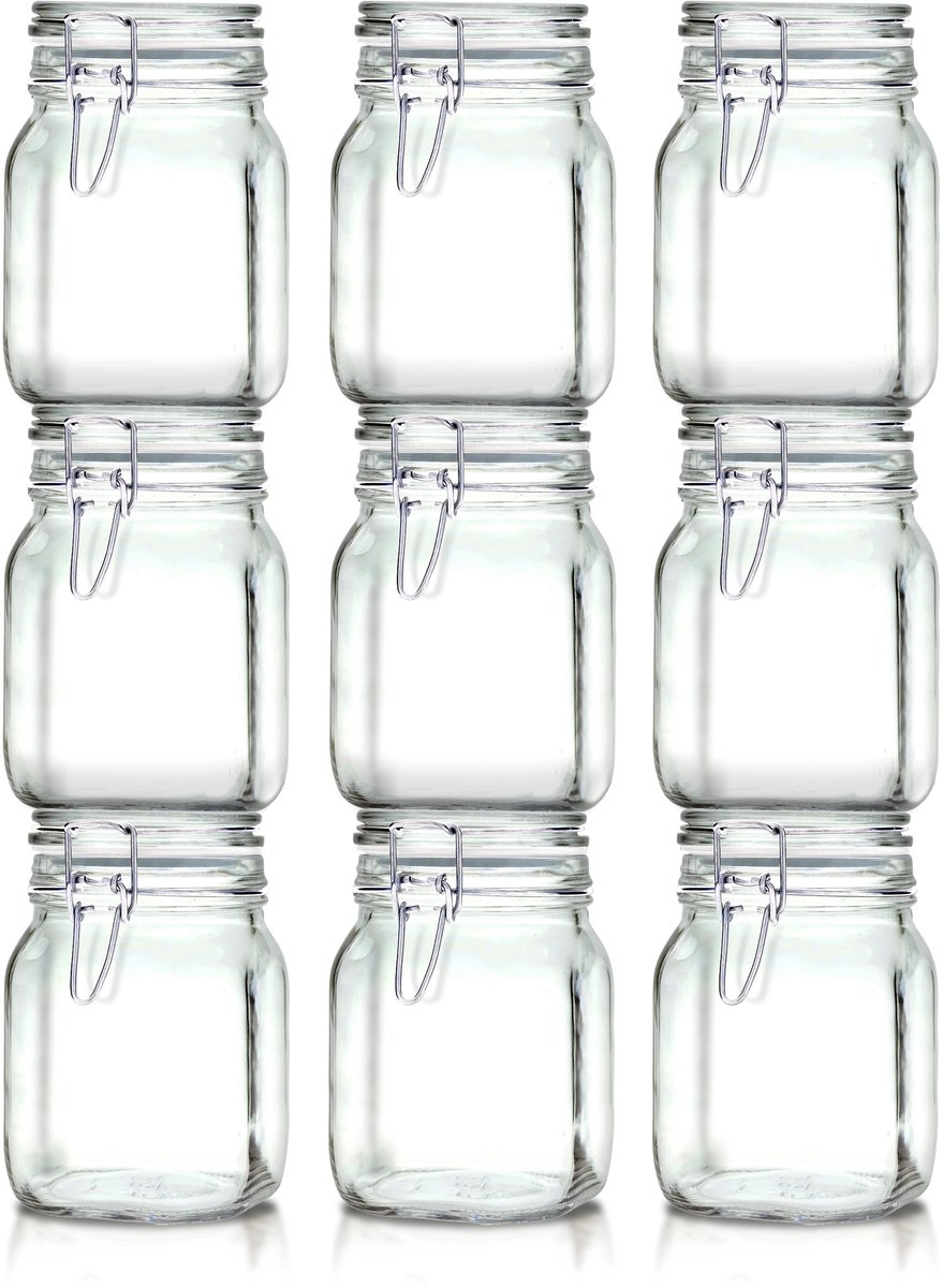 Weckpotten 1 Liter Set (9x 1000ml) | Extra Dik Gehard Glas | Luchtdichte Beugelsluiting & Rubberen Ring | Italiaanse Topkwaliteit | Stevig & Voedselveilig | Ideaal voor pasteuriseren, steriliseren, wecken, fermenteren & bewaren | Made in Italy